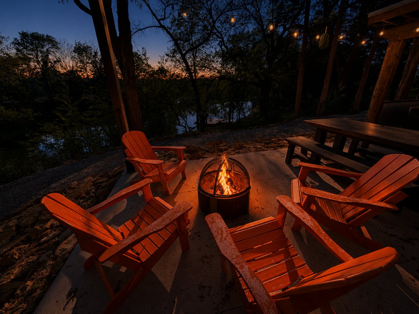 Chairs circled around a lit fire pit at dusk