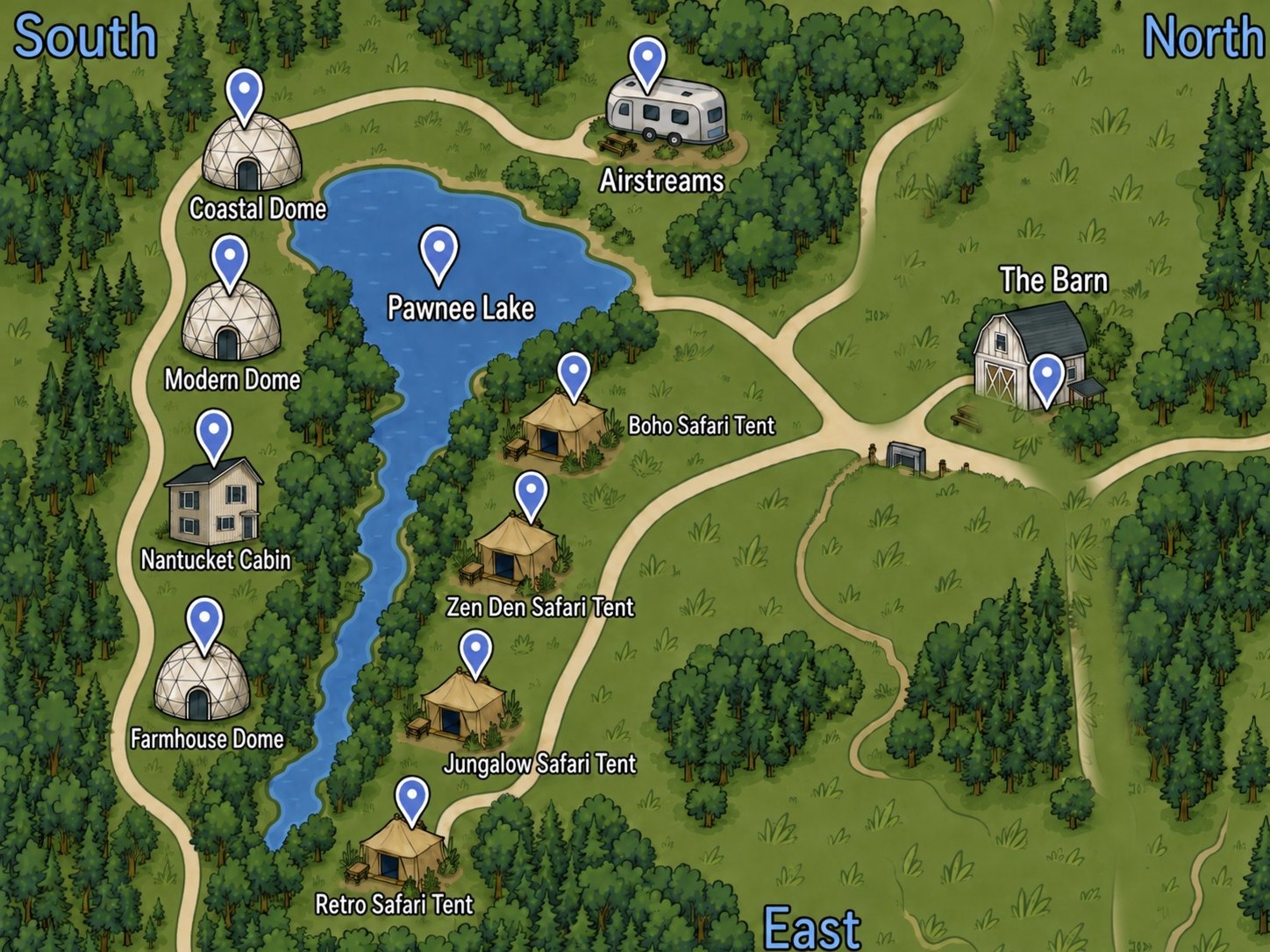 Illustrated map of the glampgrounds — every unit, Pawnee Lake, and the Barn