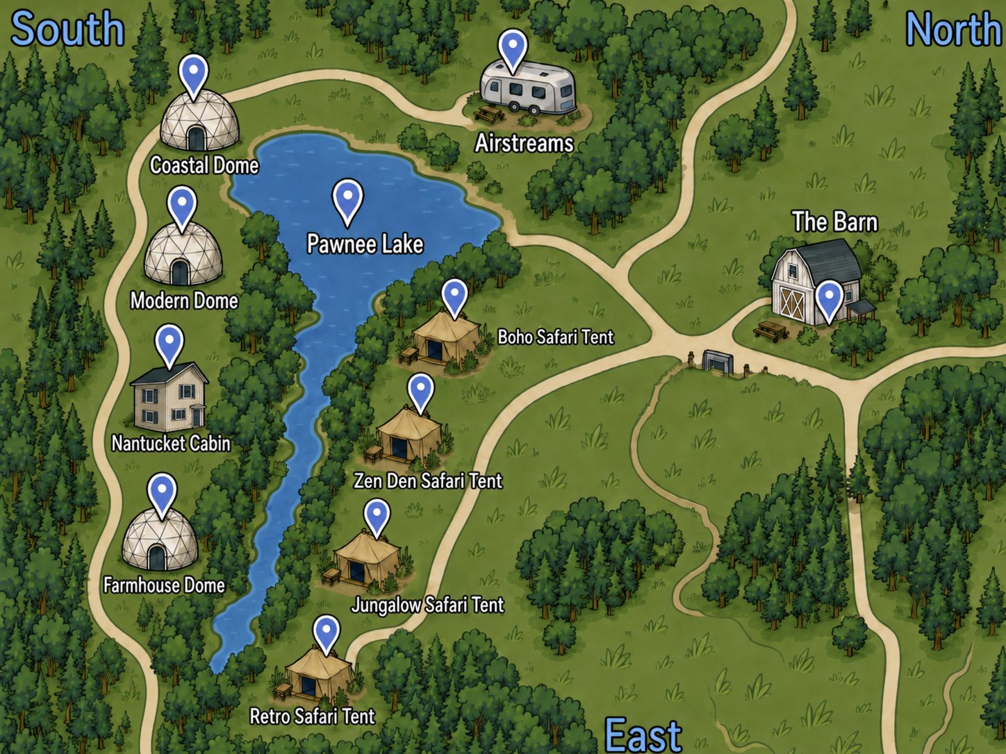 Illustrated map of the glampgrounds — every unit, Pawnee Lake, and the Barn