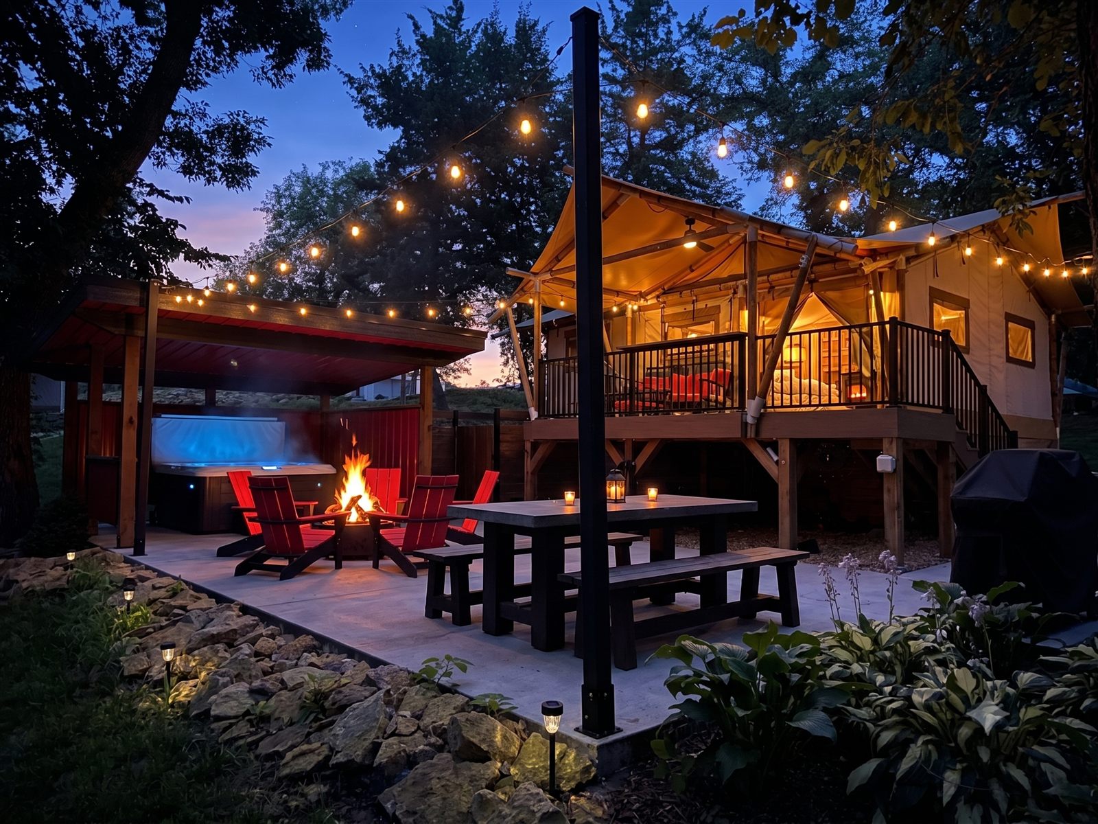 Safari tent glowing at dusk with string lights, a fire, and the hot tub steaming
